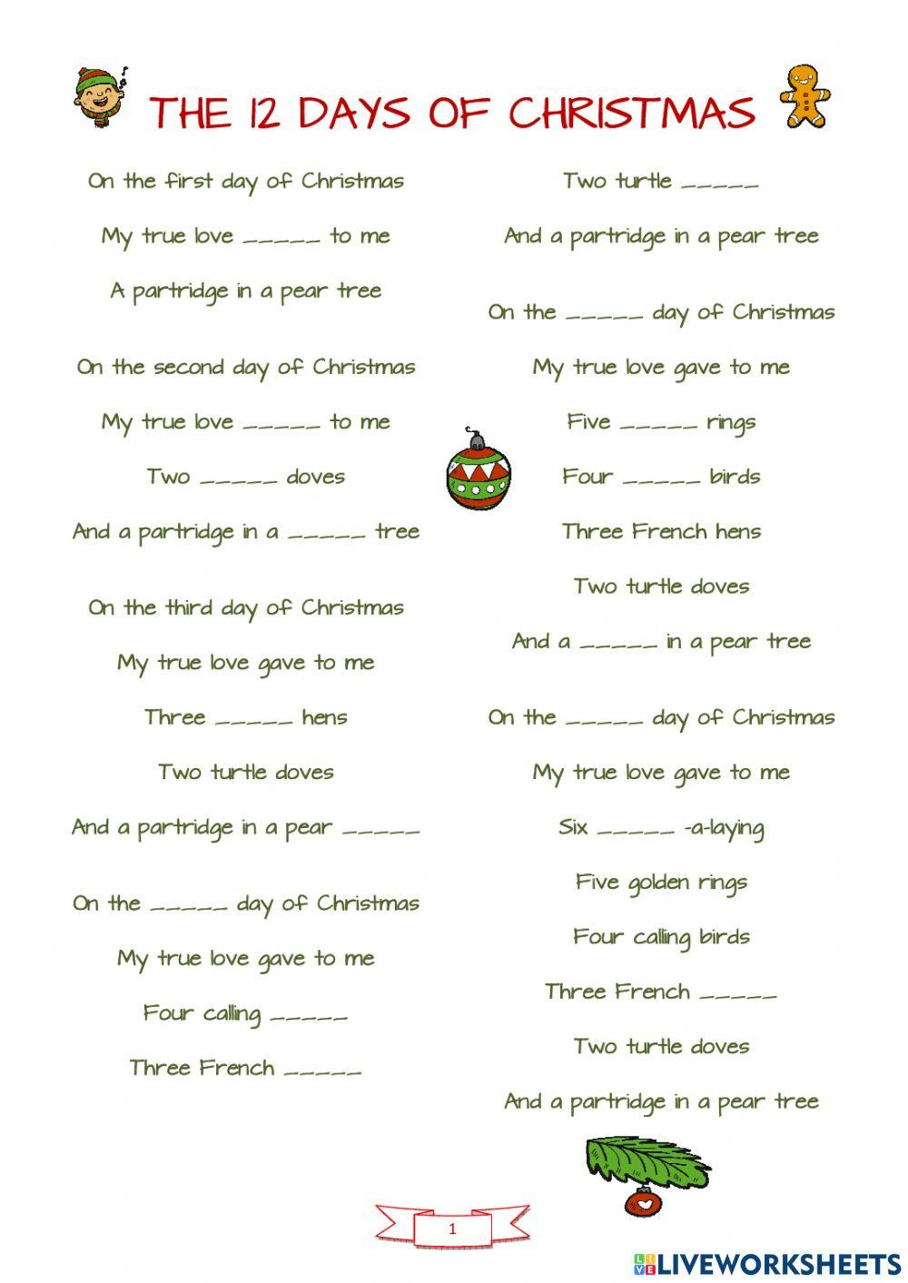 12 Days Of Christmas Worksheet - Worksheets Library inside The 12 Days Of Christmas Worksheets