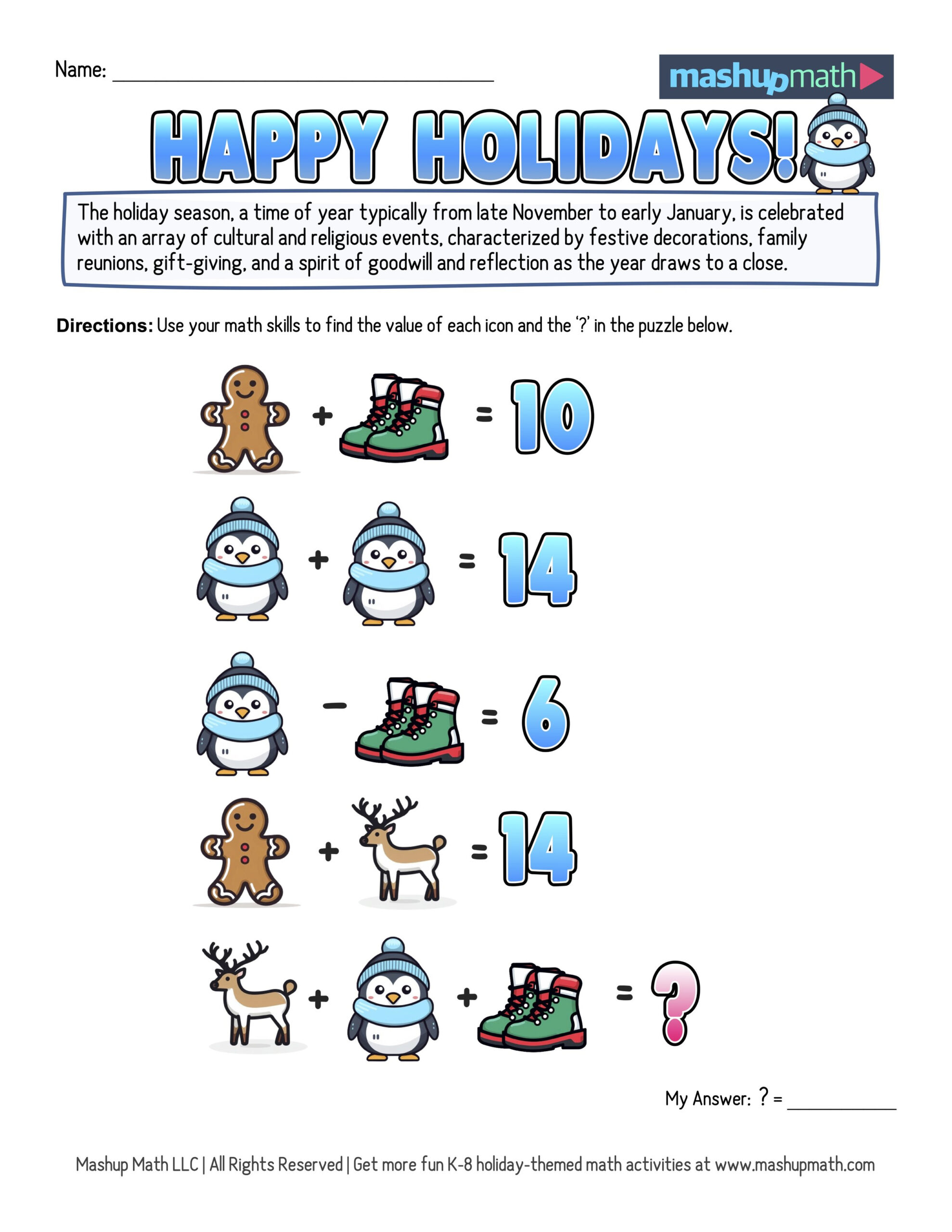 12 Days Of Holiday Math Puzzles—Printable K-8 Worksheets — Mashup Math for 12 Days of Christmas Math Worksheets Answers