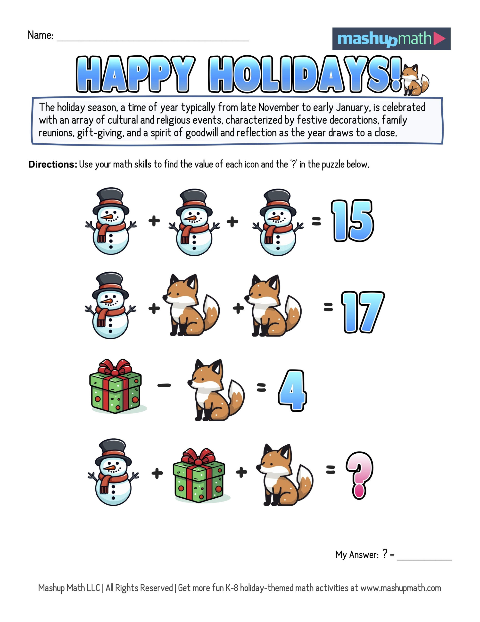 12 Days Of Holiday Math Puzzles—Printable K-8 Worksheets — Mashup Math regarding 12 Days Of Christmas Math Worksheets Answers