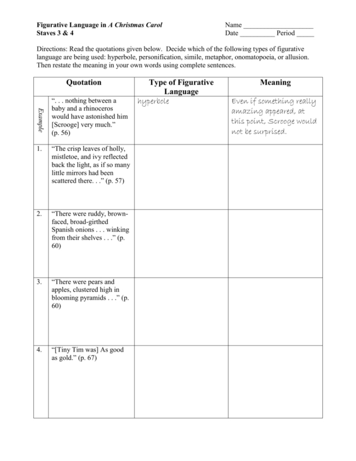 A Christmas Carol Figurative Language Worksheets A Christmas Carol Figurative Language Worksheets