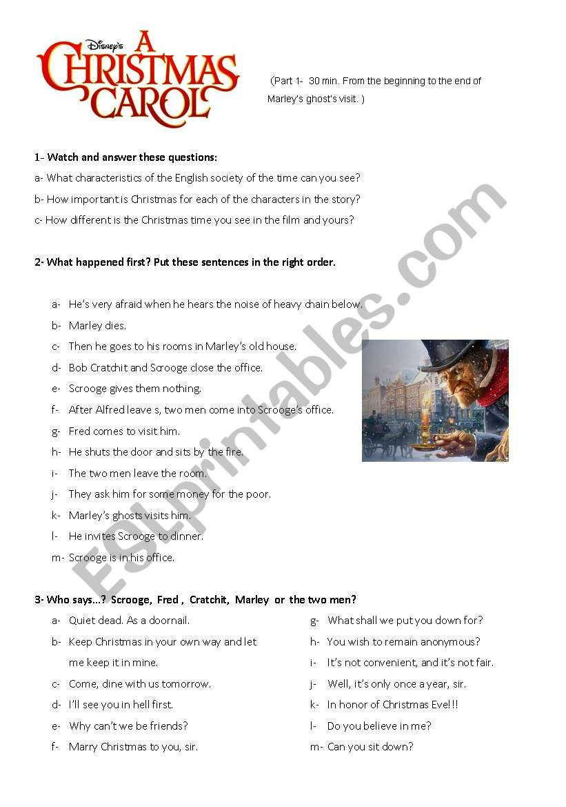 A Christmas Carol Worksheet 1 - Esl Worksheetinesita76 with A Christmas Carol Movie Worksheets
