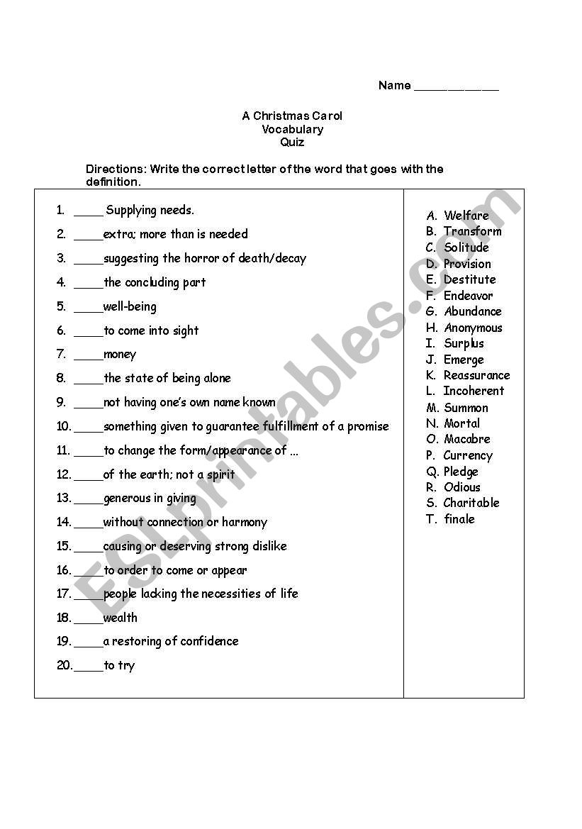 A Christmas Carolcharles Dickens Vocabulary Quiz - Esl pertaining to A Christmas Carol Vocabulary Worksheets
