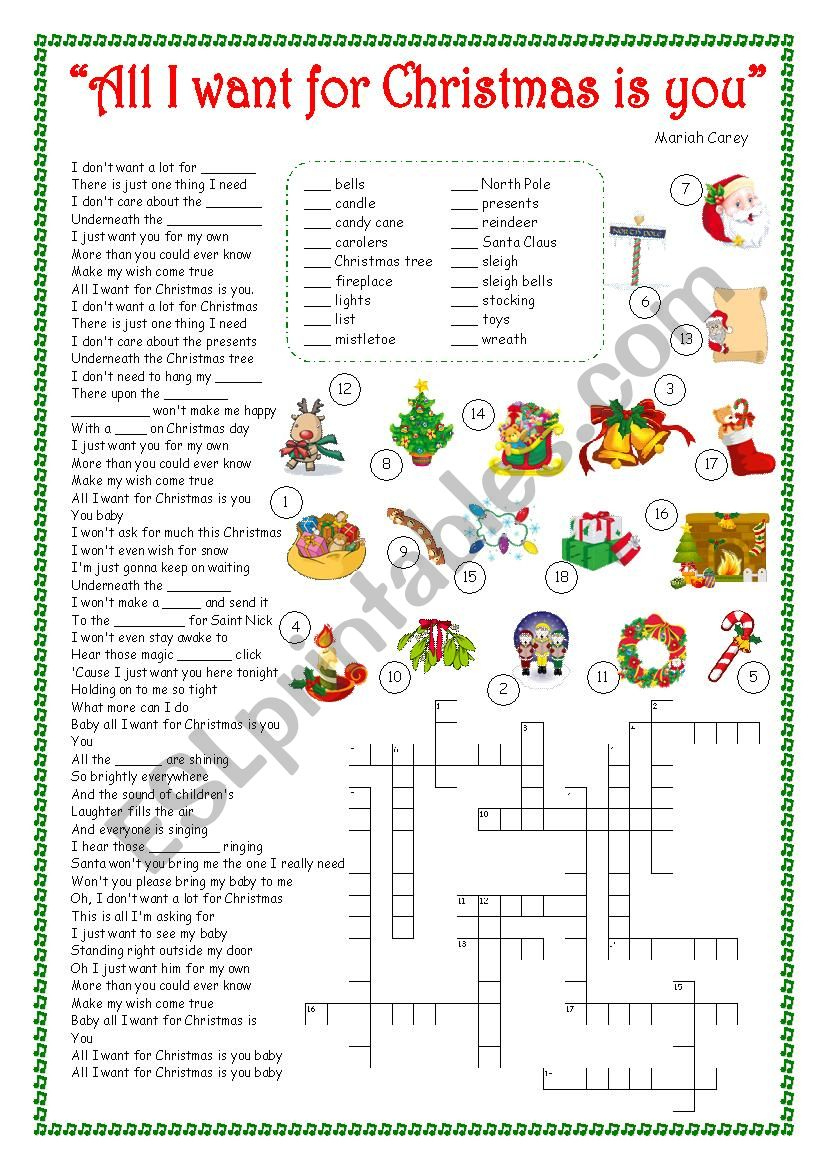 All I Want For Christmas Is You - Song - Esl Worksheetsilvia.patti intended for Christmas Songs Activities Worksheets