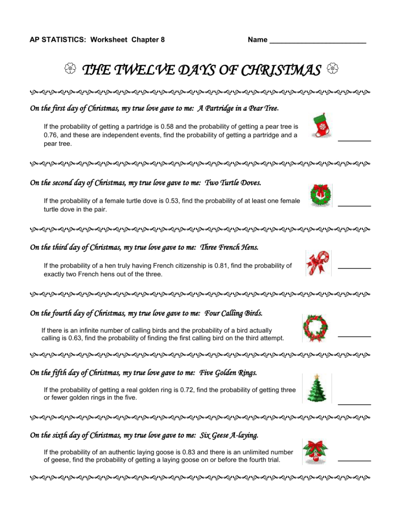 Ap Statistics Worksheet: Twelve Days Of Christmas Probability intended for 12 Days Of Christmas Statistics Worksheets