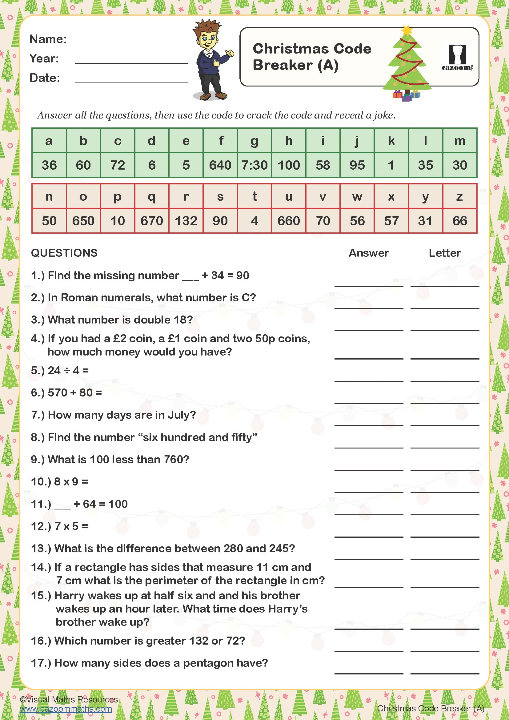 Christmas Code Breaker (A) Worksheet | Cazoom Maths Worksheets regarding Christmas Code Breaker Worksheets