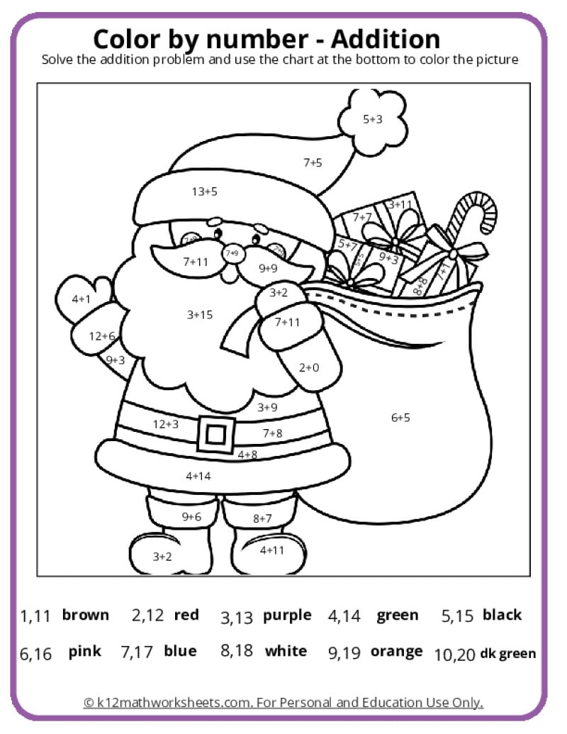 Christmas Colornumber Pages with regard to Free Color by Number Addition Christmas Worksheets