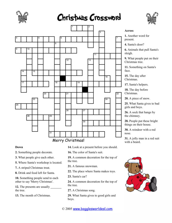 Christmas Crossword Puzzle Worksheets Answer Key