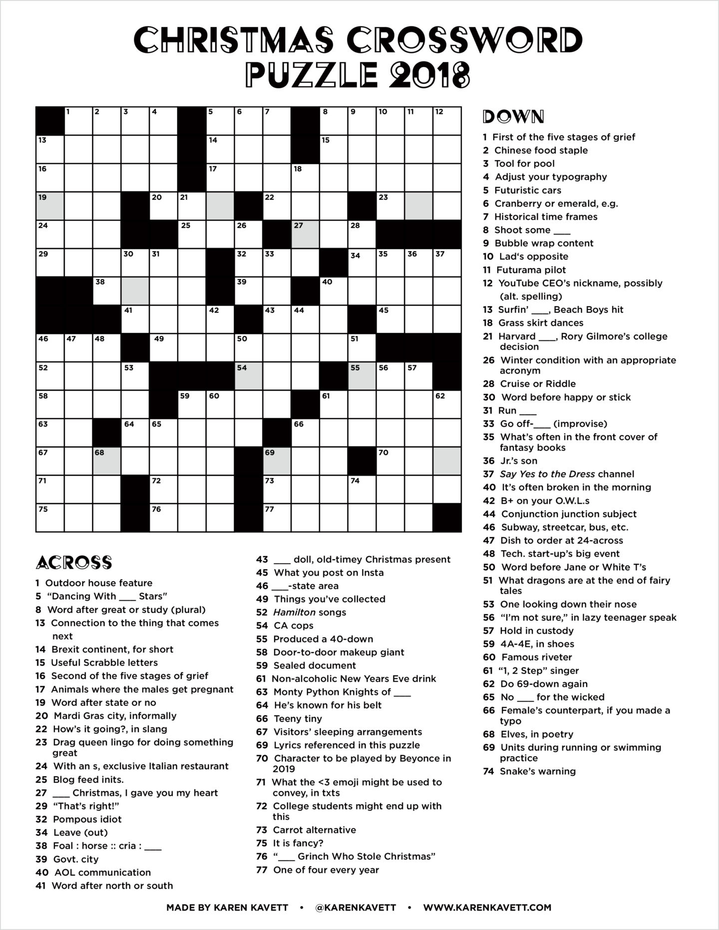 Christmas Crossword Puzzle 2018 - Karen Kavett regarding Christmas Crossword Puzzle Worksheets Answer Key