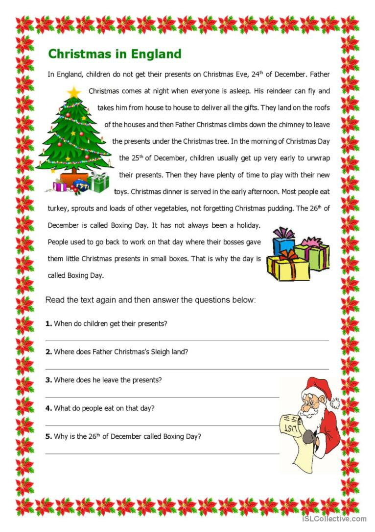 Christmas In England Reading For Det…: English Esl Worksheets Pdf inside Christmas In Britain Worksheets
