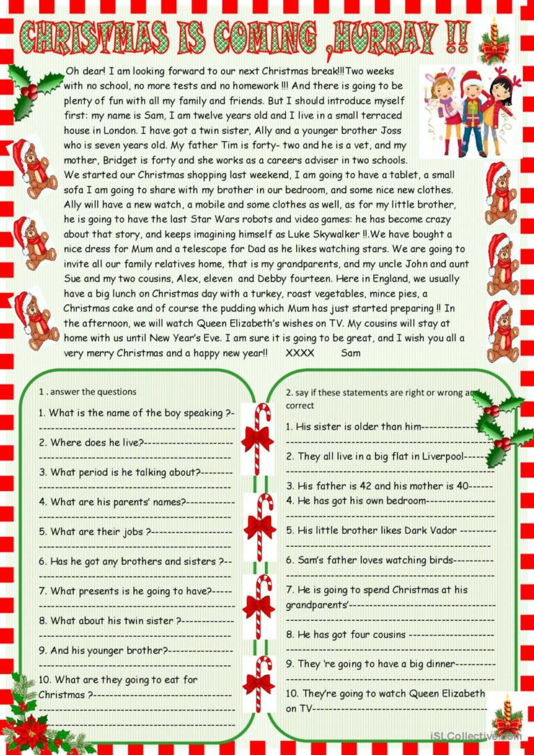 Christmas Is Coming : Christmas Re…: English Esl Worksheets Pdf &amp;amp; Doc pertaining to Reading Comprehension Worksheets Christmas