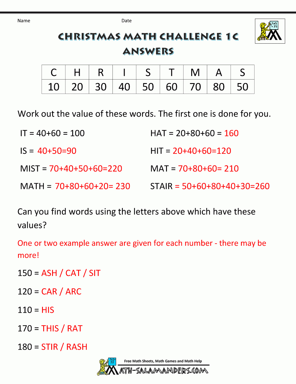 Christmas Math Worksheets (Harder) in Christmas Values Worksheets Answers