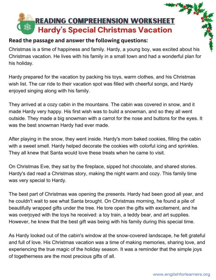 Christmas Story Reading Comprehension Worksheets