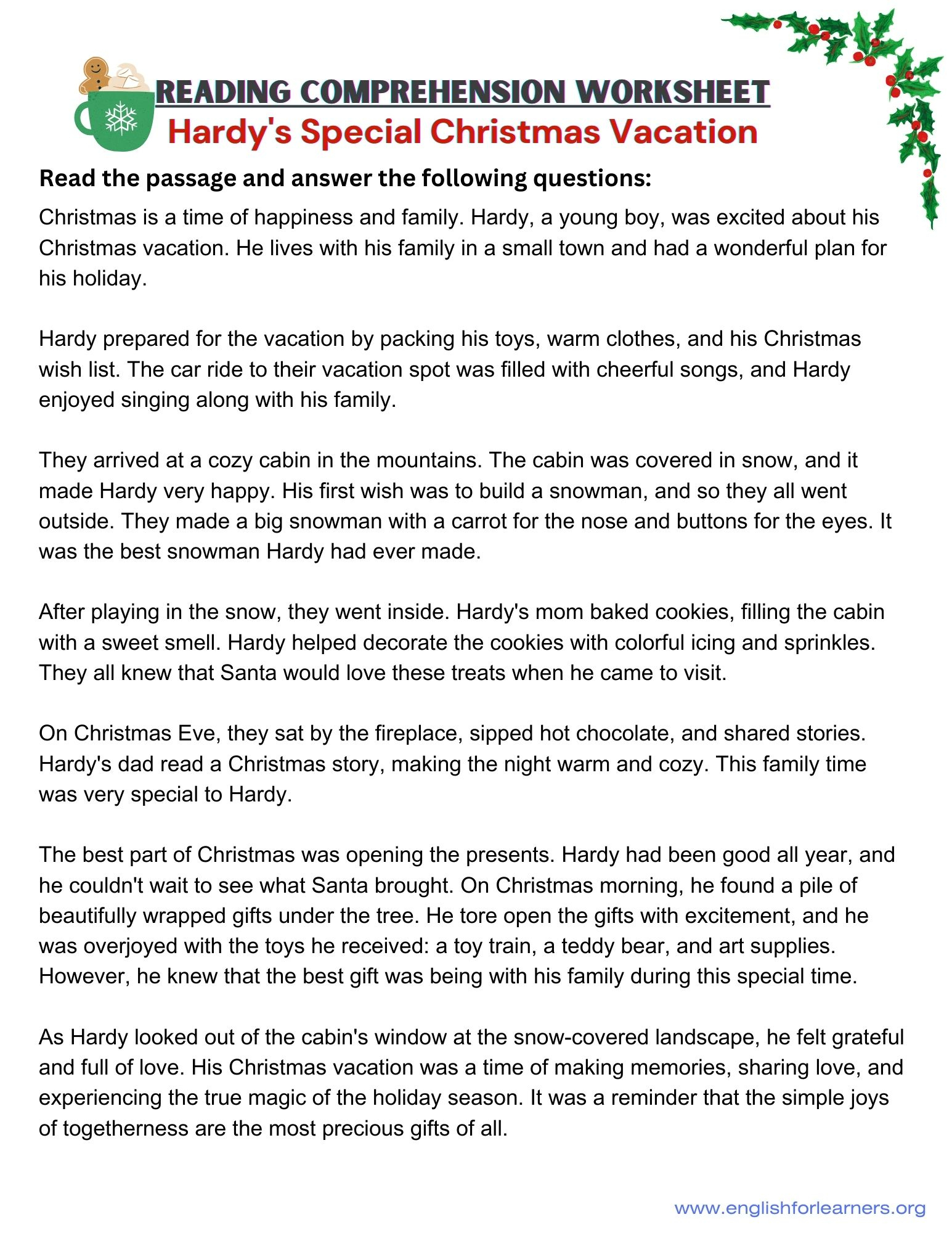 Christmas Reading Comprehension: Hardy&amp;#039;S Christmas - intended for Christmas Story Reading Comprehension Worksheets
