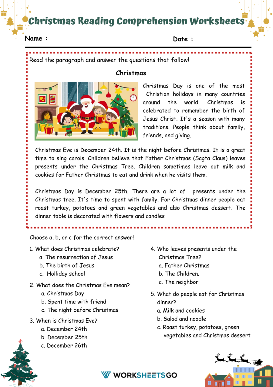 Christmas Reading Comprehension Worksheets within Christmas Day Reading Comprehension Worksheets