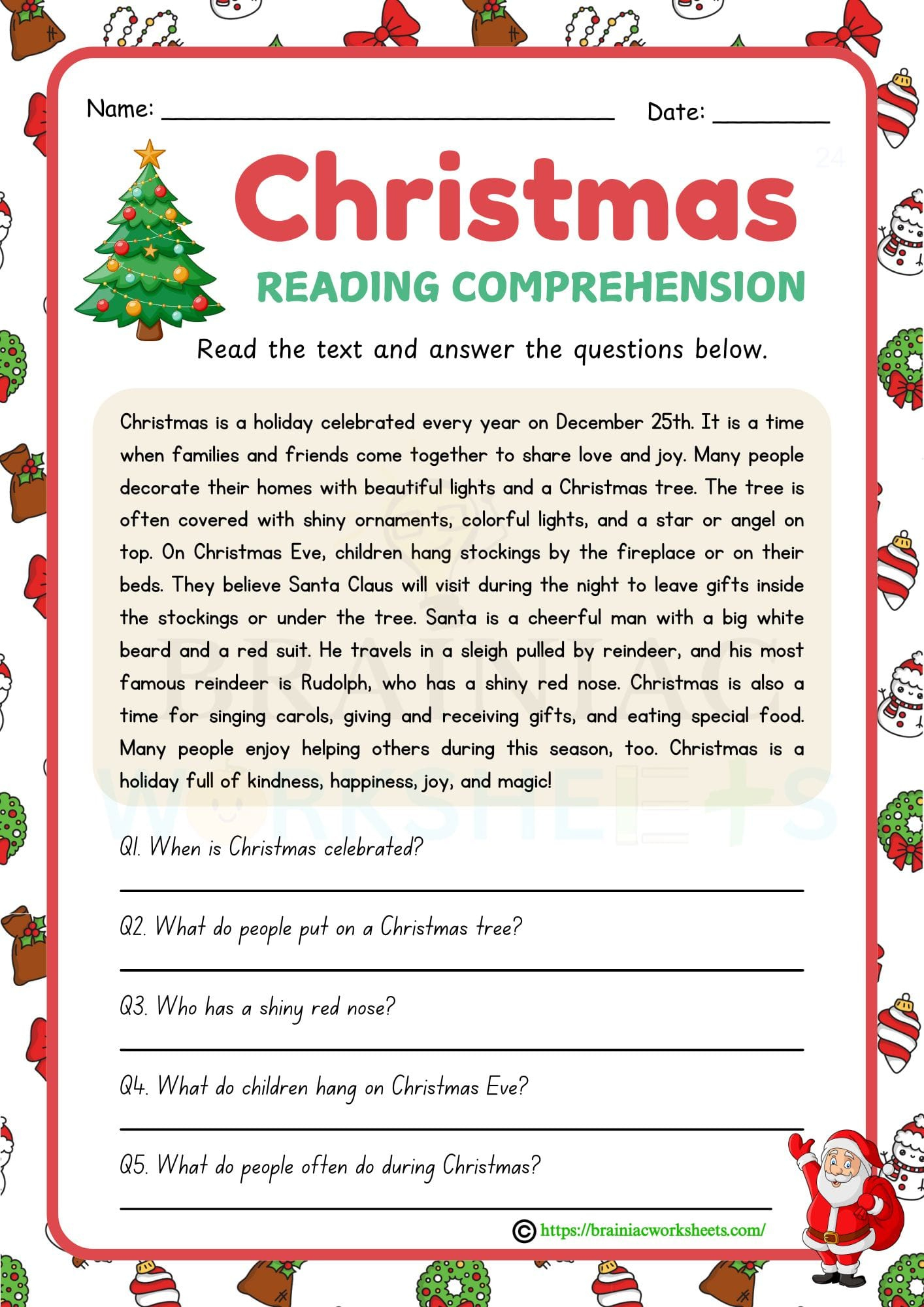 Christmas Story Reading Comprehension English Worksheet For Class for The Christmas Story Worksheets
