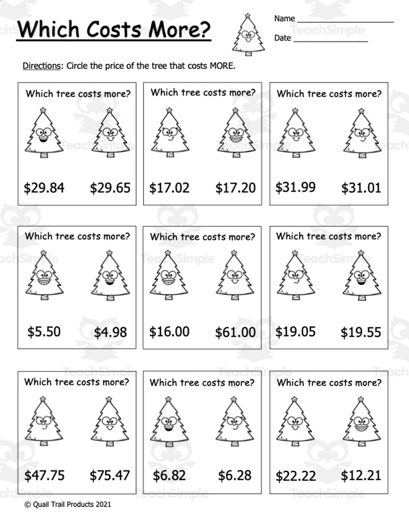 Christmas Tree Money Worksheets inside Christmas Money Math Worksheets