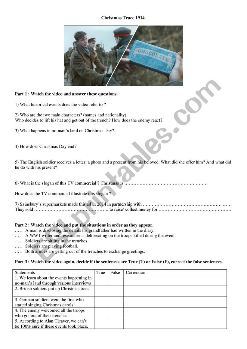Christmas Truce 1914 - Esl Worksheetvirbrunet regarding Christmas Truce 1914 Worksheets