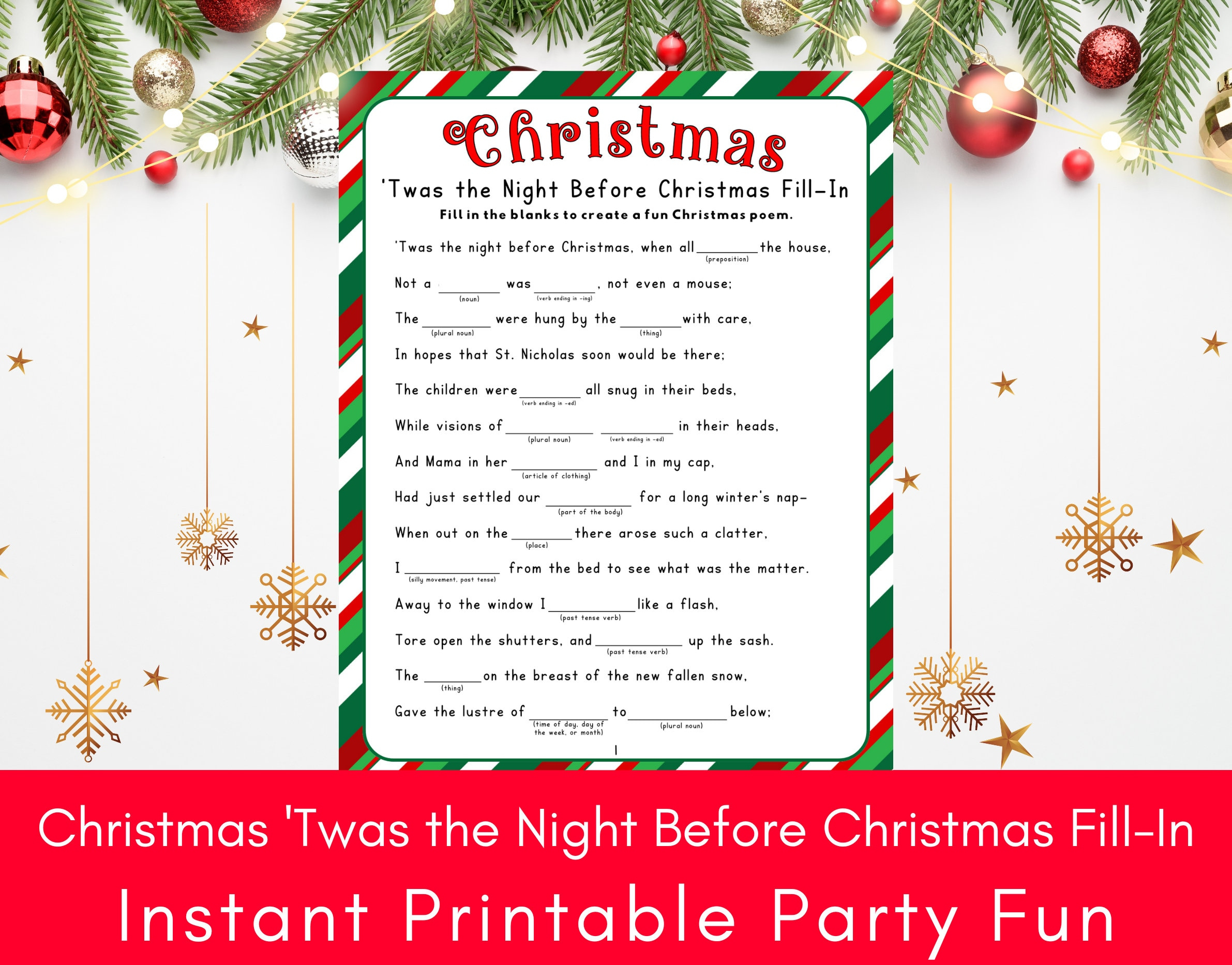 Christmas &amp;#039;Twas The Night Before Christmas Fill-In, Printable Holiday Funny  Word Game, Christmas Word Games for Twas the Night Before Christmas Worksheets