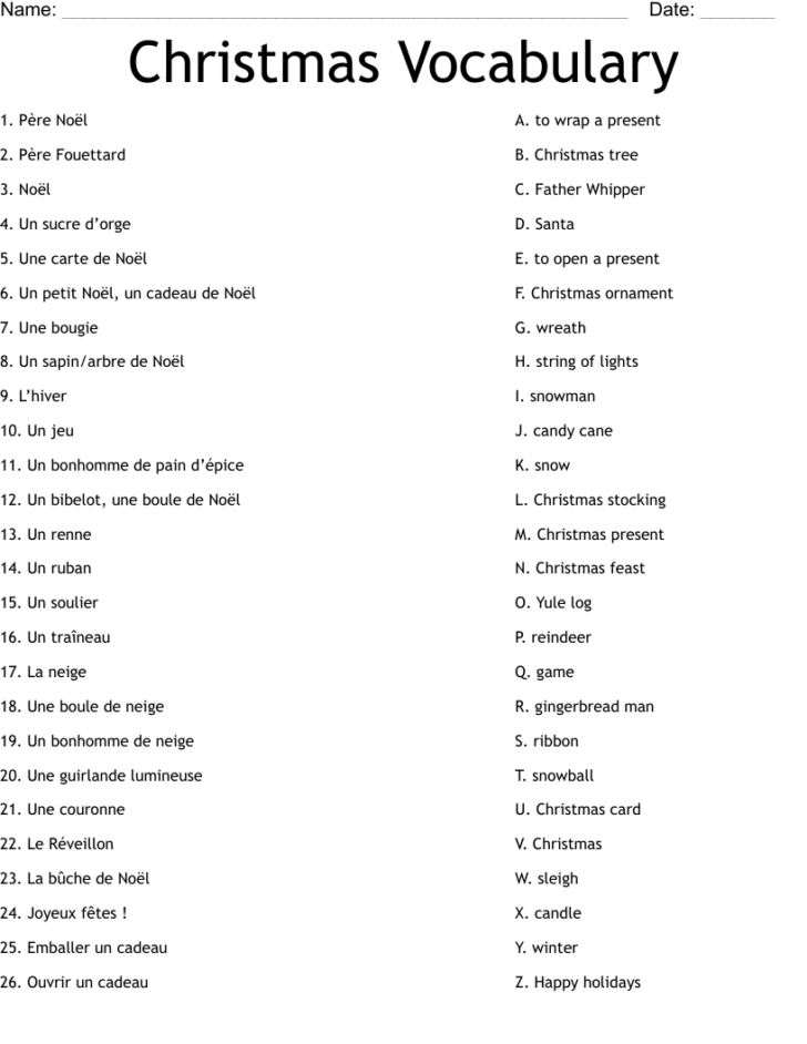 Printable Christmas Vocabulary Worksheets