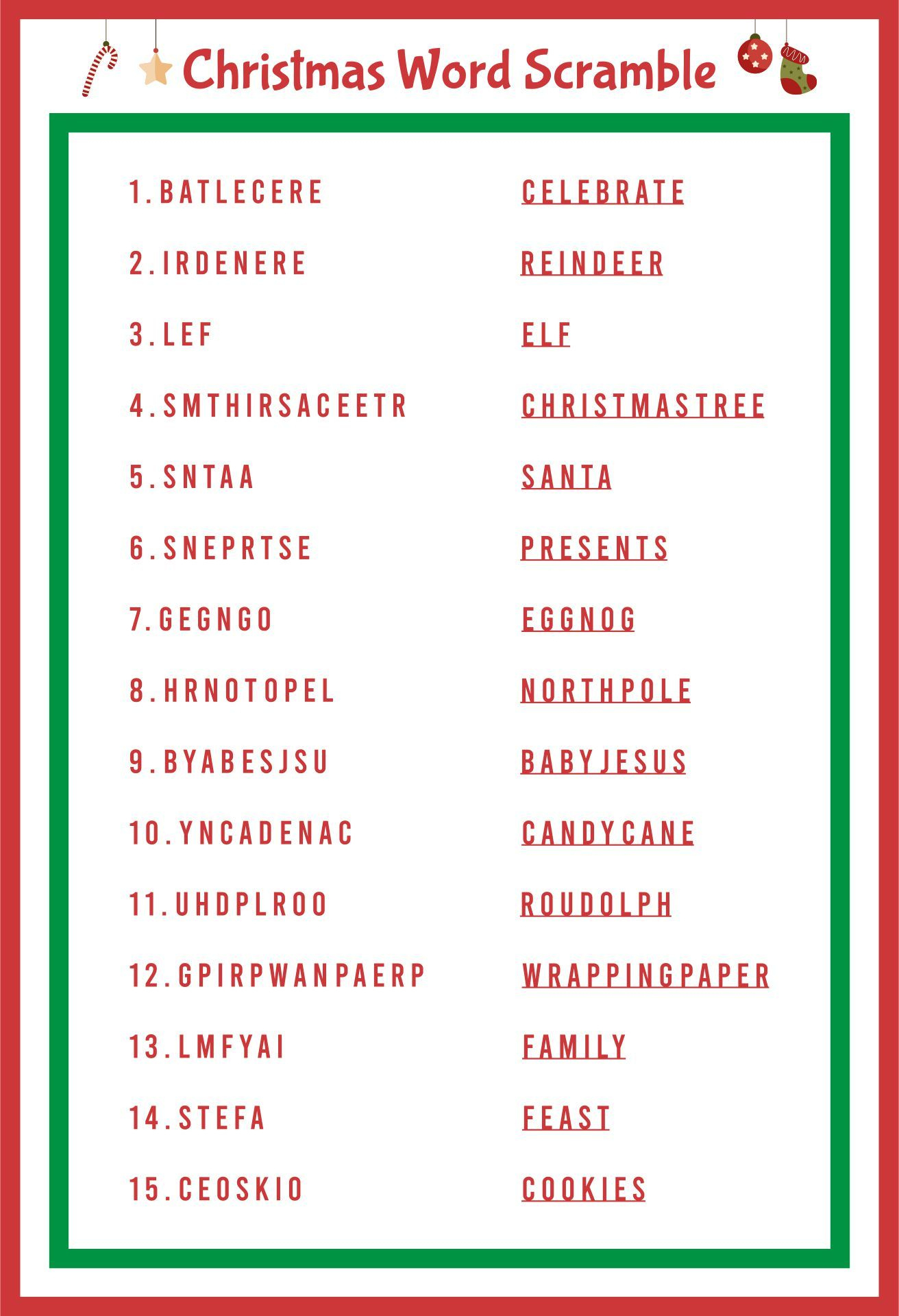 Christmas Word Scramble - 14 Free Pdf Printables | Printablee for Scrambled Christmas Worksheets Answers