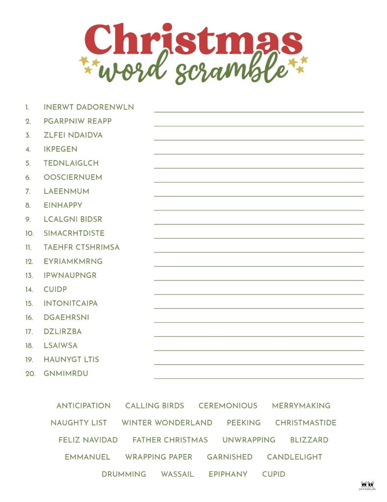 Christmas Word Scrambles - 15 Free Printables | Printabulls regarding Christmas Unscramble Worksheets For Adults
