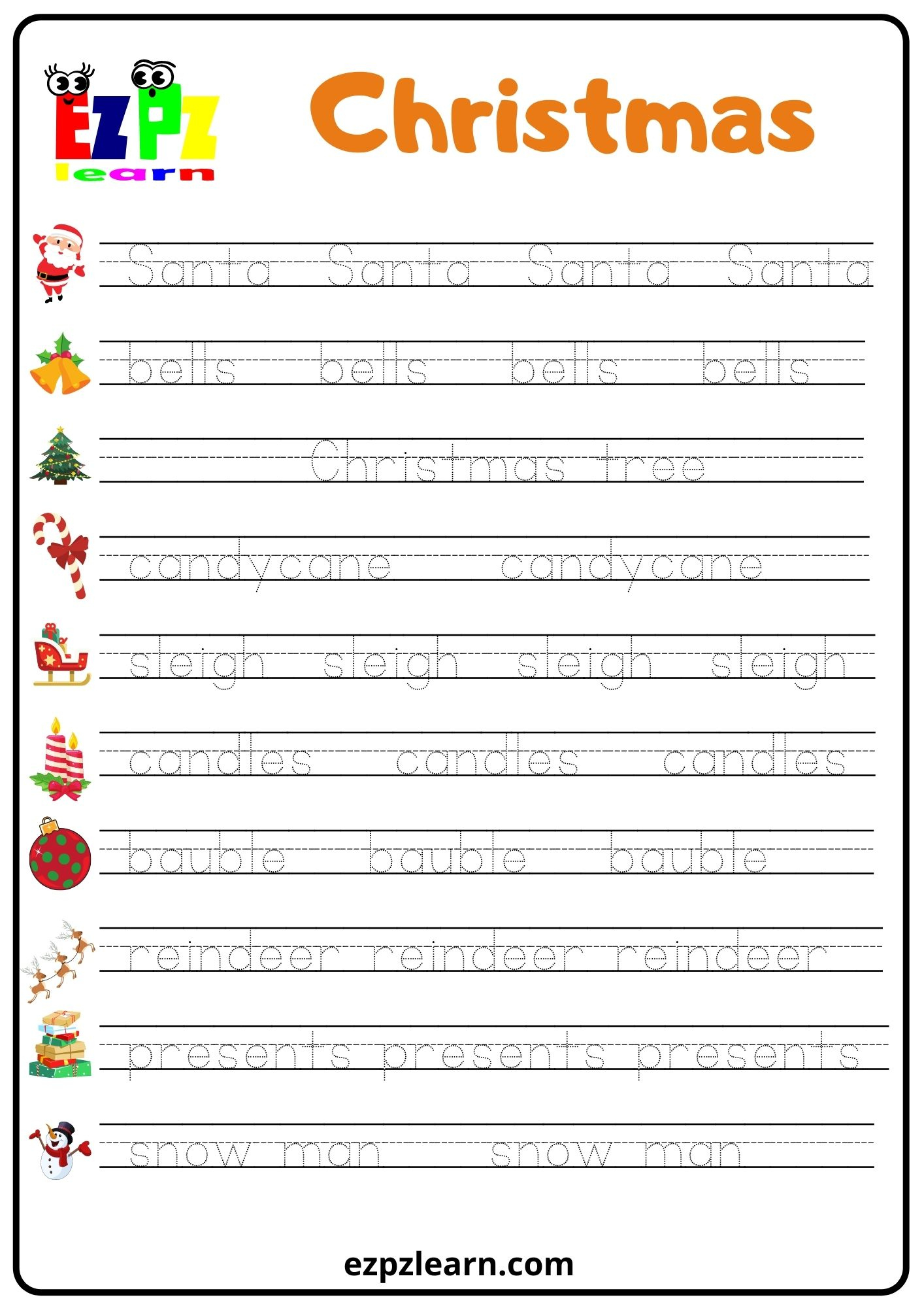 Christmas Word Tracing Worksheet - Ezpzlearn within Christmas Line Tracing Worksheets