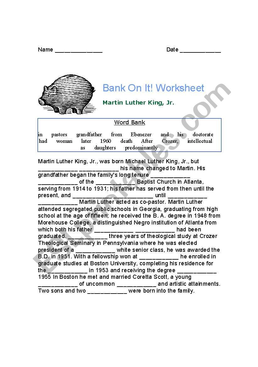 English Worksheets: Mlk Bank On It! pertaining to Bank On It Worksheets Christmas Answers