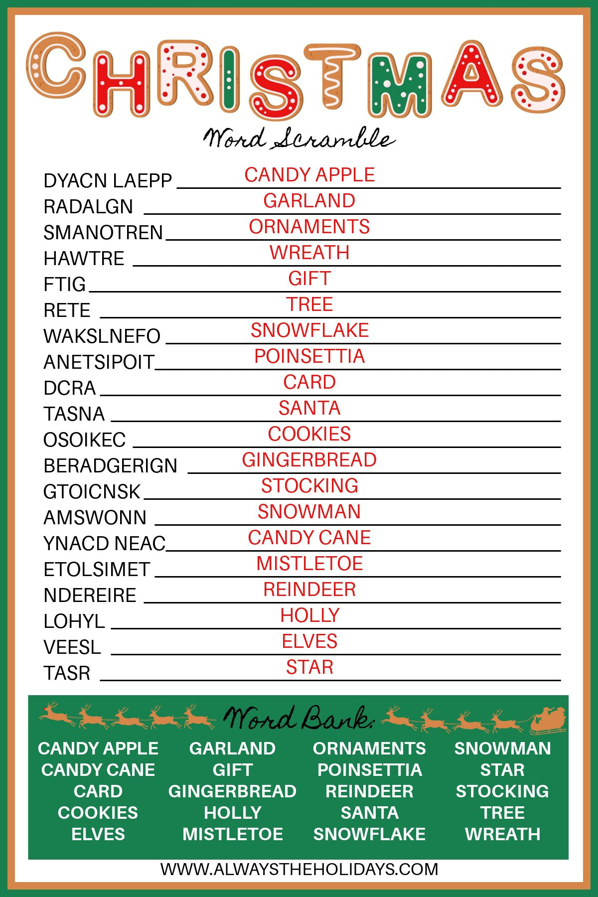 Free Christmas Word Scramble Printable With Answer Key Included for Christmas Word Scramble Worksheets