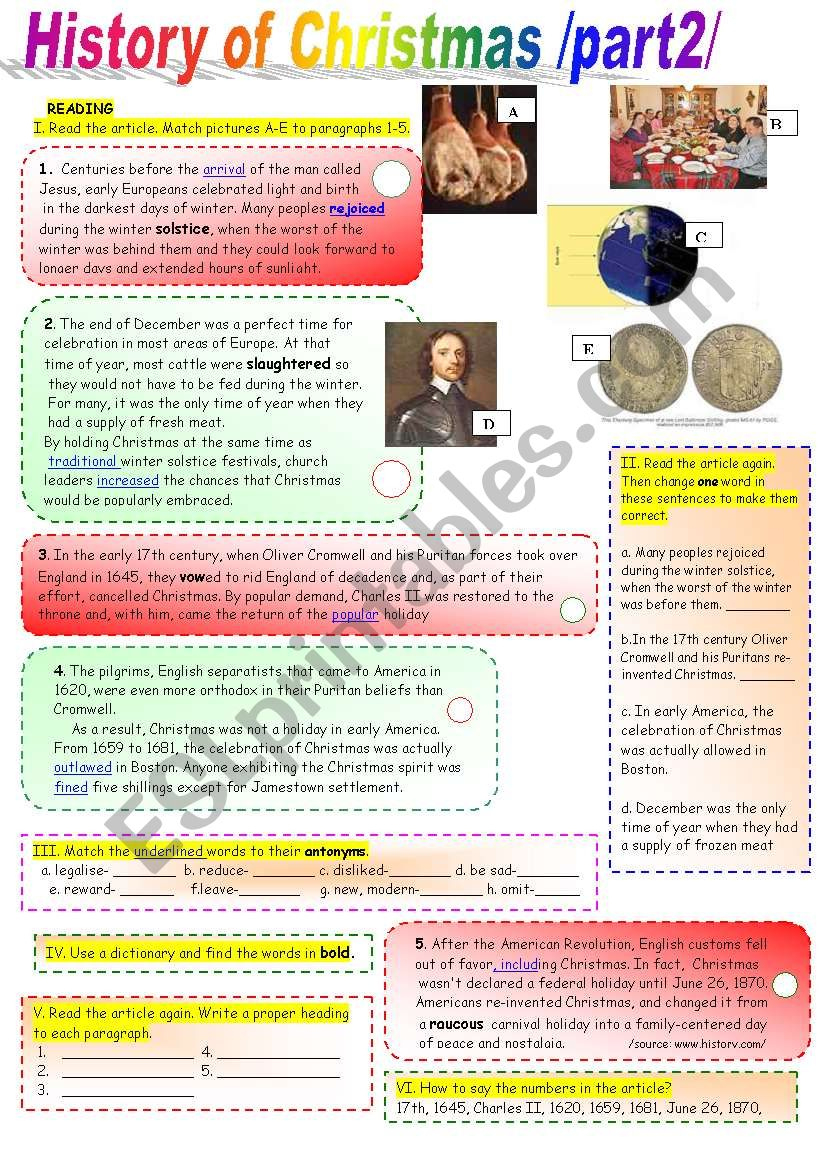 History Of Christmas /Part2/ With Key -Coloured+ Black&amp;amp;White - Esl inside History of Christmas Carols Worksheets