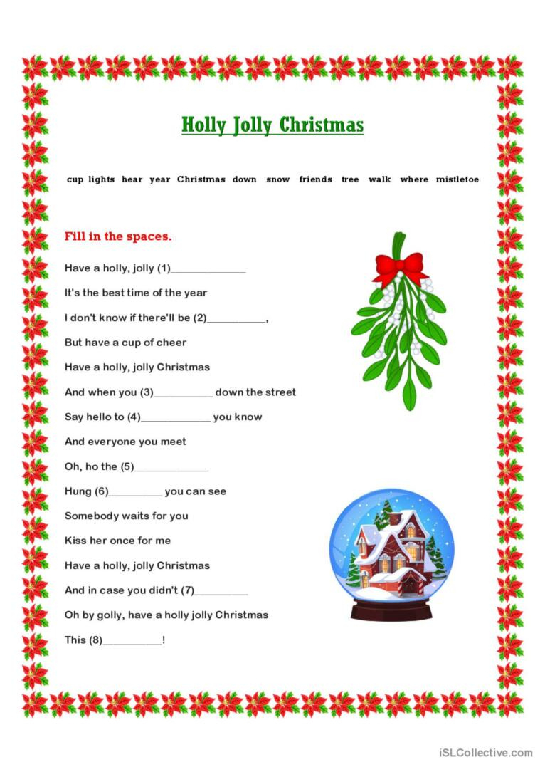 Holiday Christmas Carol Lyric Gap Fi…: English Esl Worksheets Pdf pertaining to Christmas Song Lyrics Worksheets
