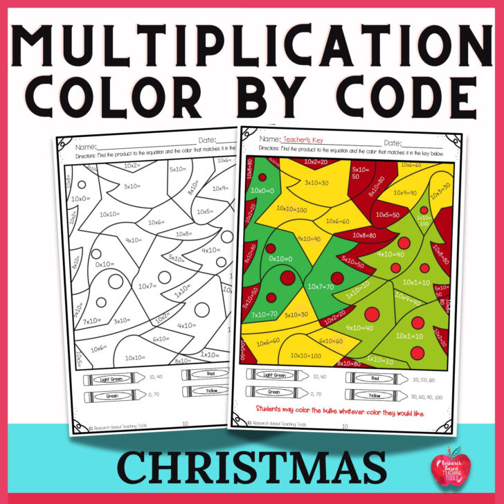 Christmas Multiplication Color by Number Printable Worksheets