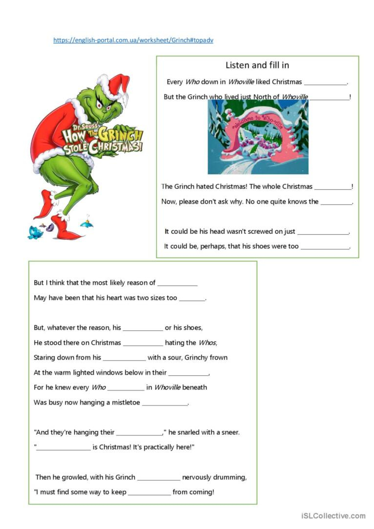 How The Grinch Stole Christmas Liste…: English Esl Worksheets Pdf with How The Grinch Stole Christmas Worksheets