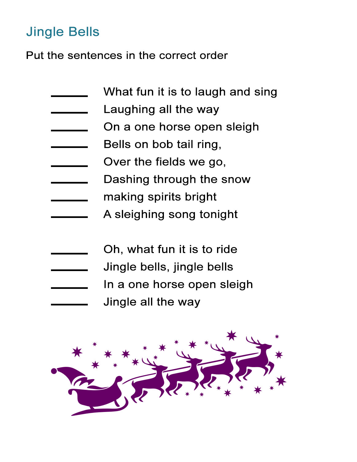 Jingle Bells For Kids Worksheet: Re-Order The Song Lyrics Activity within Christmas Song Lyrics Worksheets