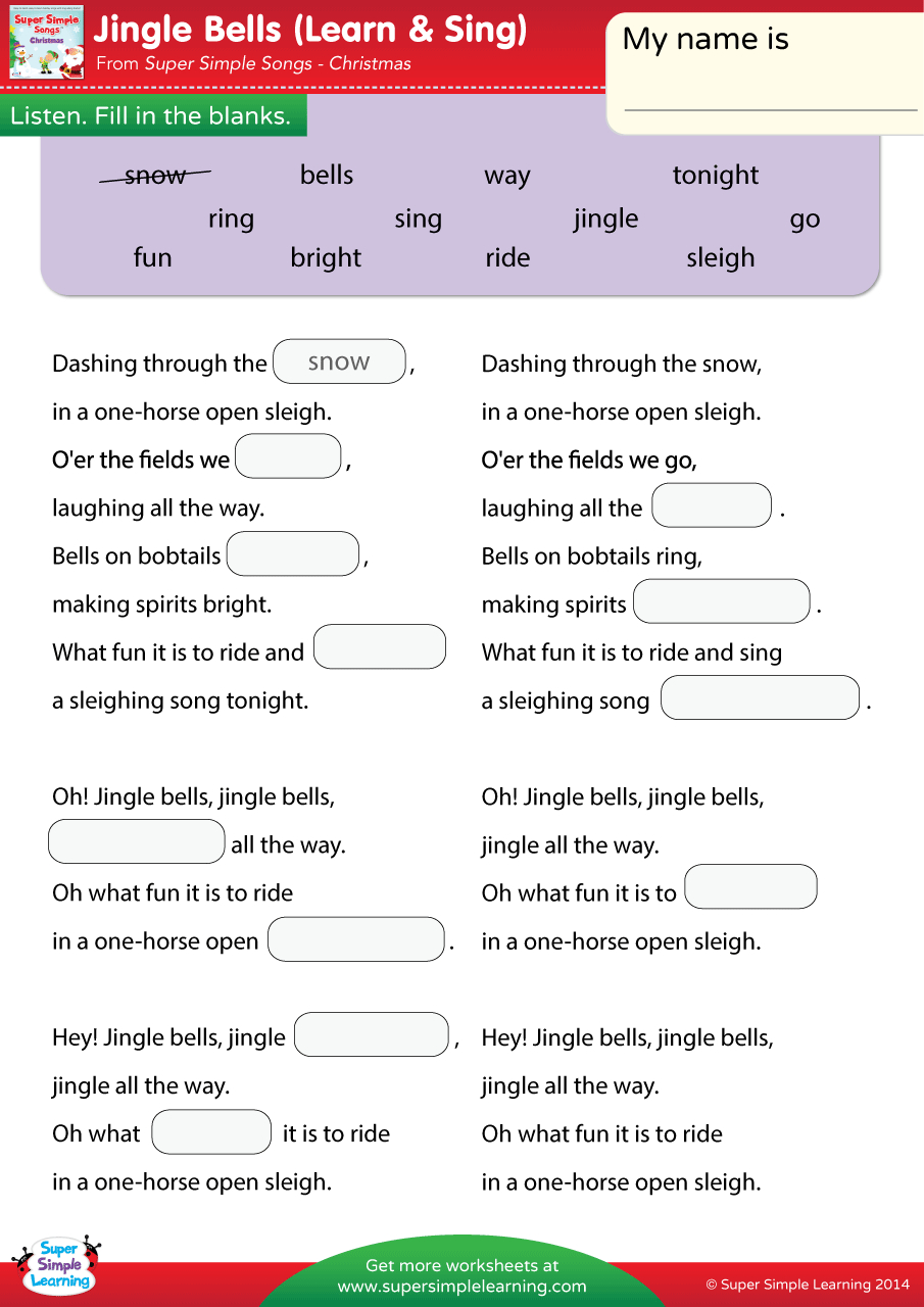 Jingle Bells Worksheet - Fill In The Blanks - Super Simple for Christmas Songs Worksheets Printable