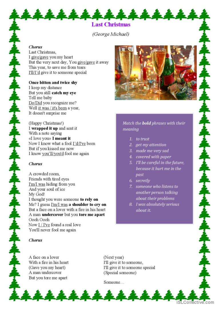 Last Christmas - Song Worksheet Son…: English Esl Worksheets Pdf &amp;amp; Doc intended for Christmas Song Picture Worksheets