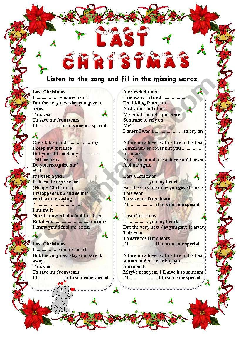 Last Christmas - Wham Song (Fill In) - Esl Worksheetgabitza with regard to Last Christmas Song Worksheets