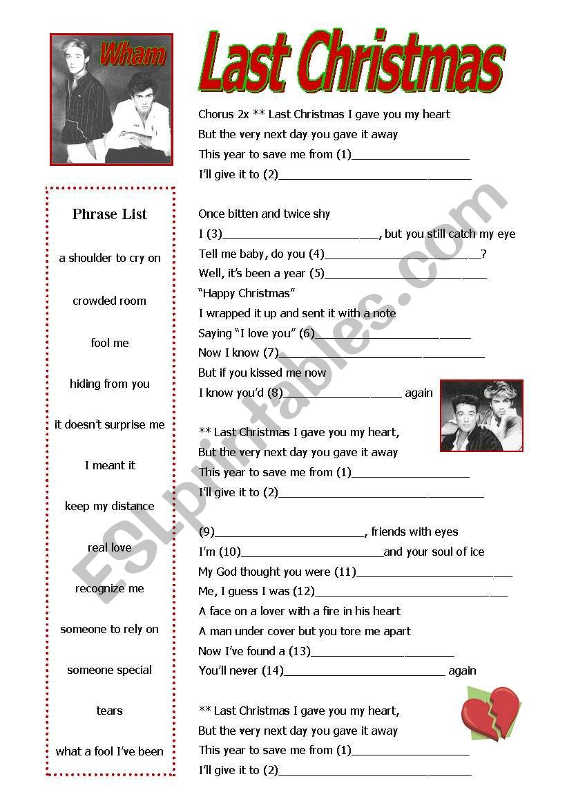 Last Christmaswham - Esl Worksheetpandabear regarding Last Christmas Song Worksheets