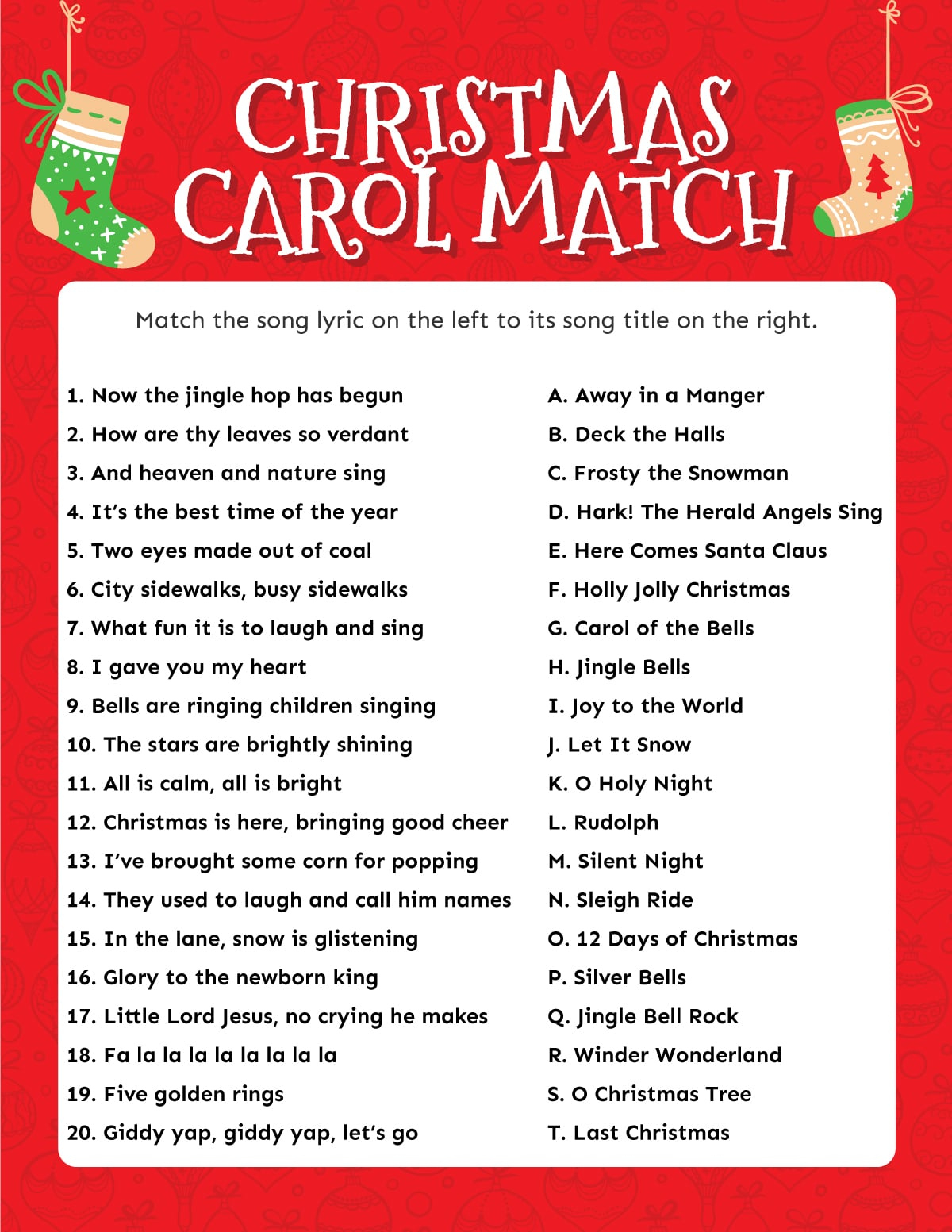 Match The Christmas Carol Game (Free Printable!) - Play Party Plan in Christmas Song Challenge Worksheets