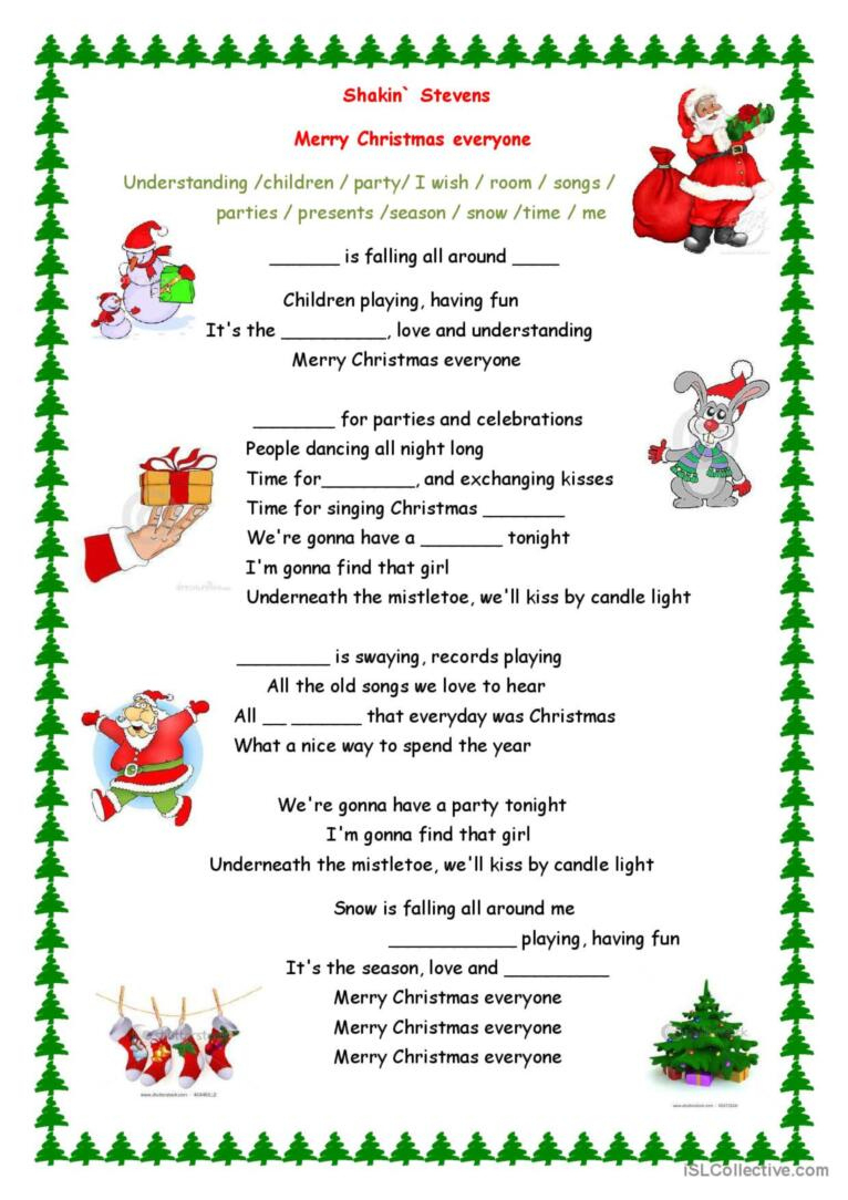 Merry Christmas Everyone Song Song A…: English Esl Worksheets Pdf for Christmas Songs Activities Worksheets