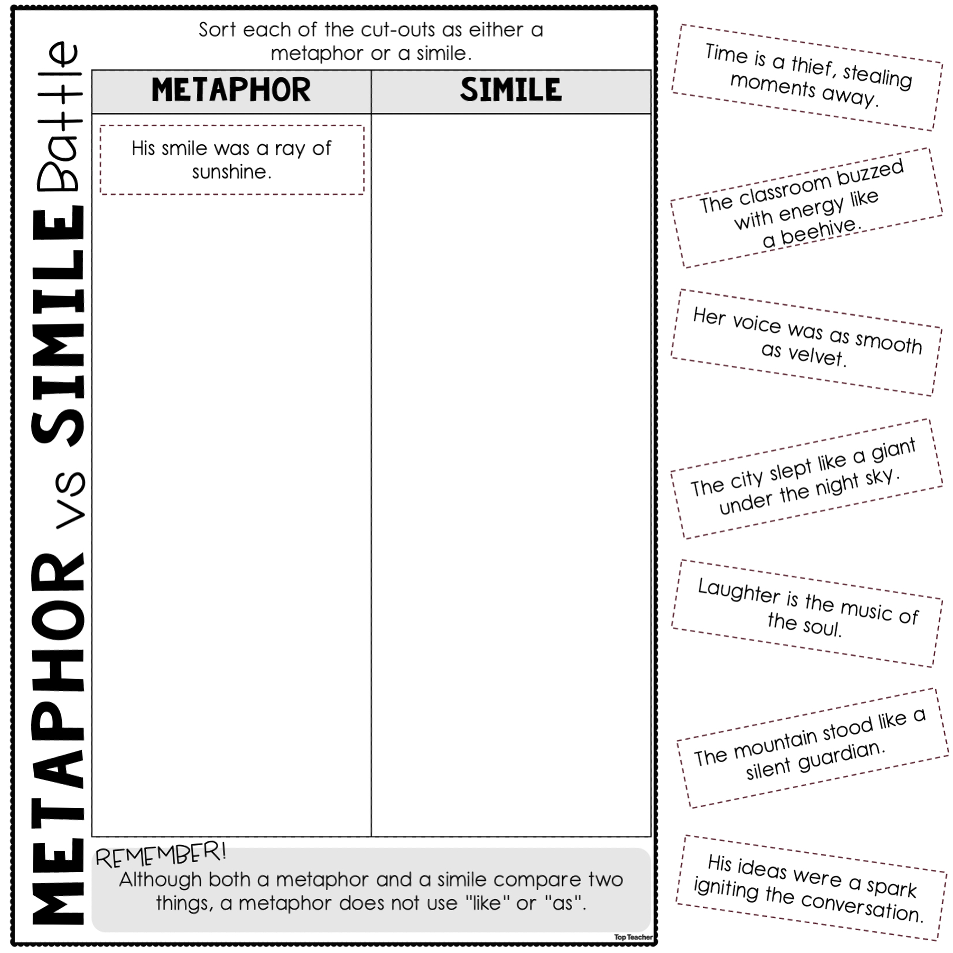 Metaphor Vs Simile Battle Sort Worksheet - Top Teacher inside Christmas Similes and Metaphors Worksheets