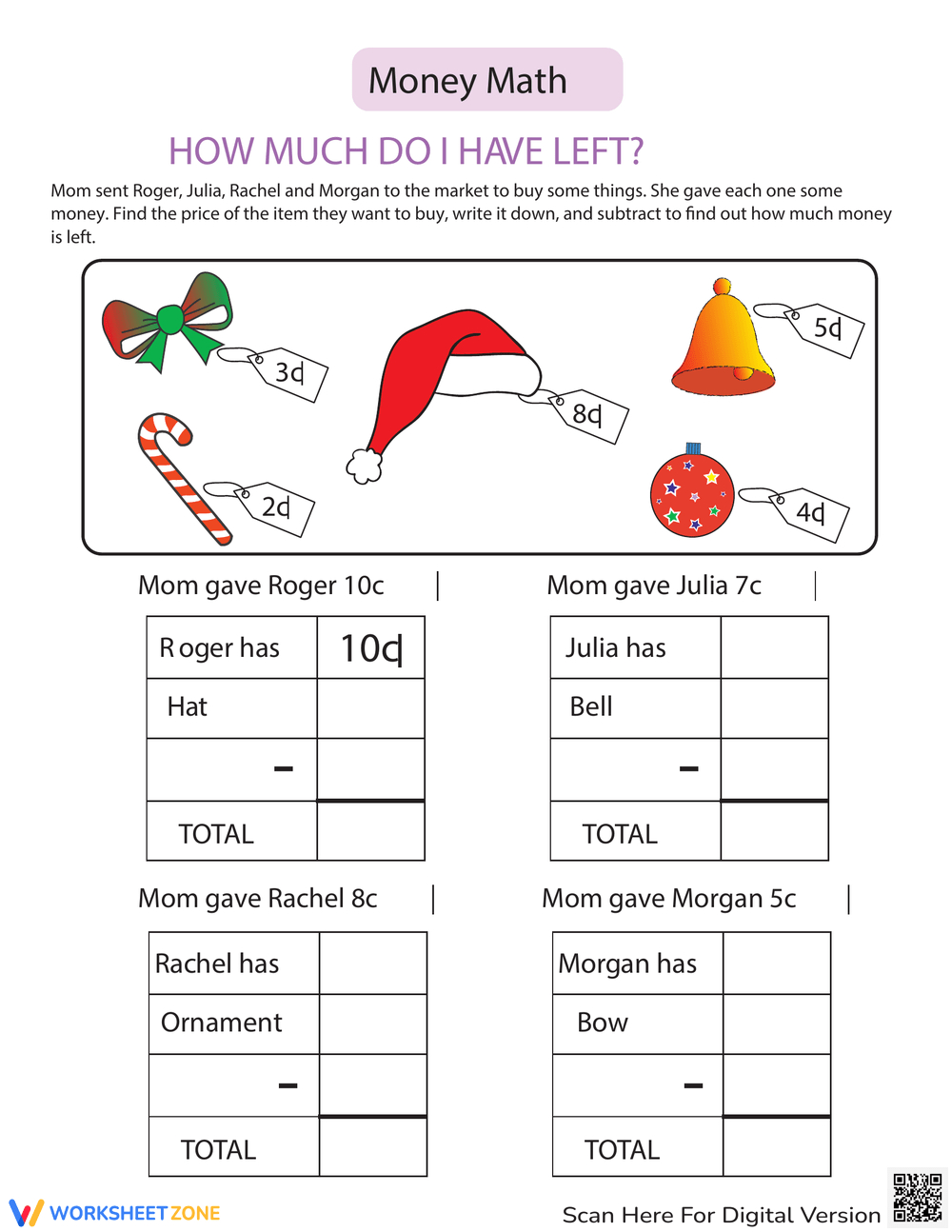 Money Math Problems: Cents Focus Worksheet regarding Christmas Money Math Worksheets