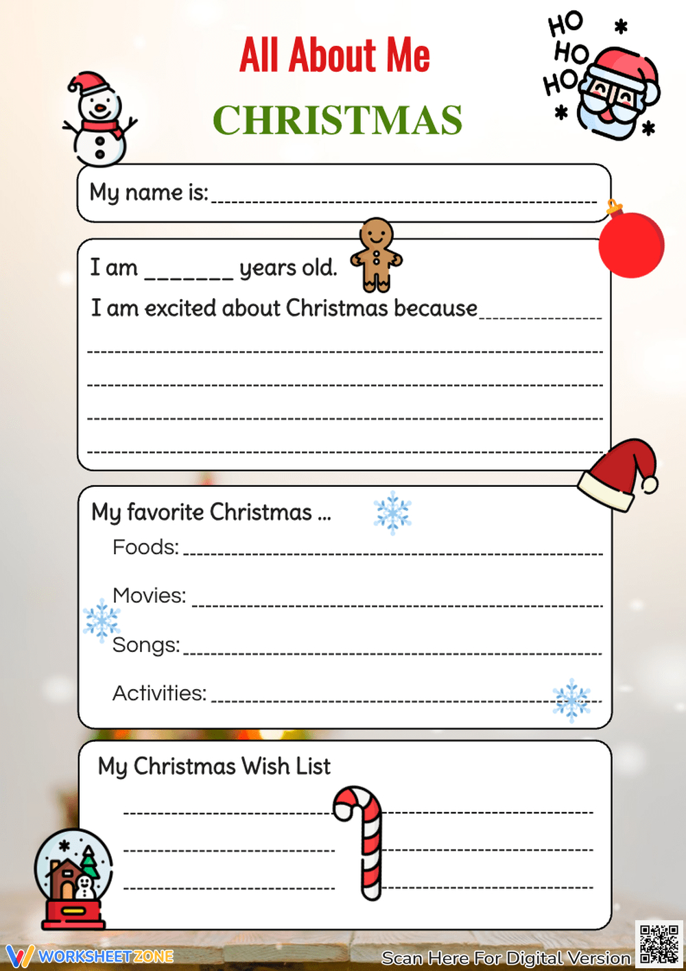 Printable Grade 3 Christmas Writing Worksheets regarding All About Me Christmas Worksheets
