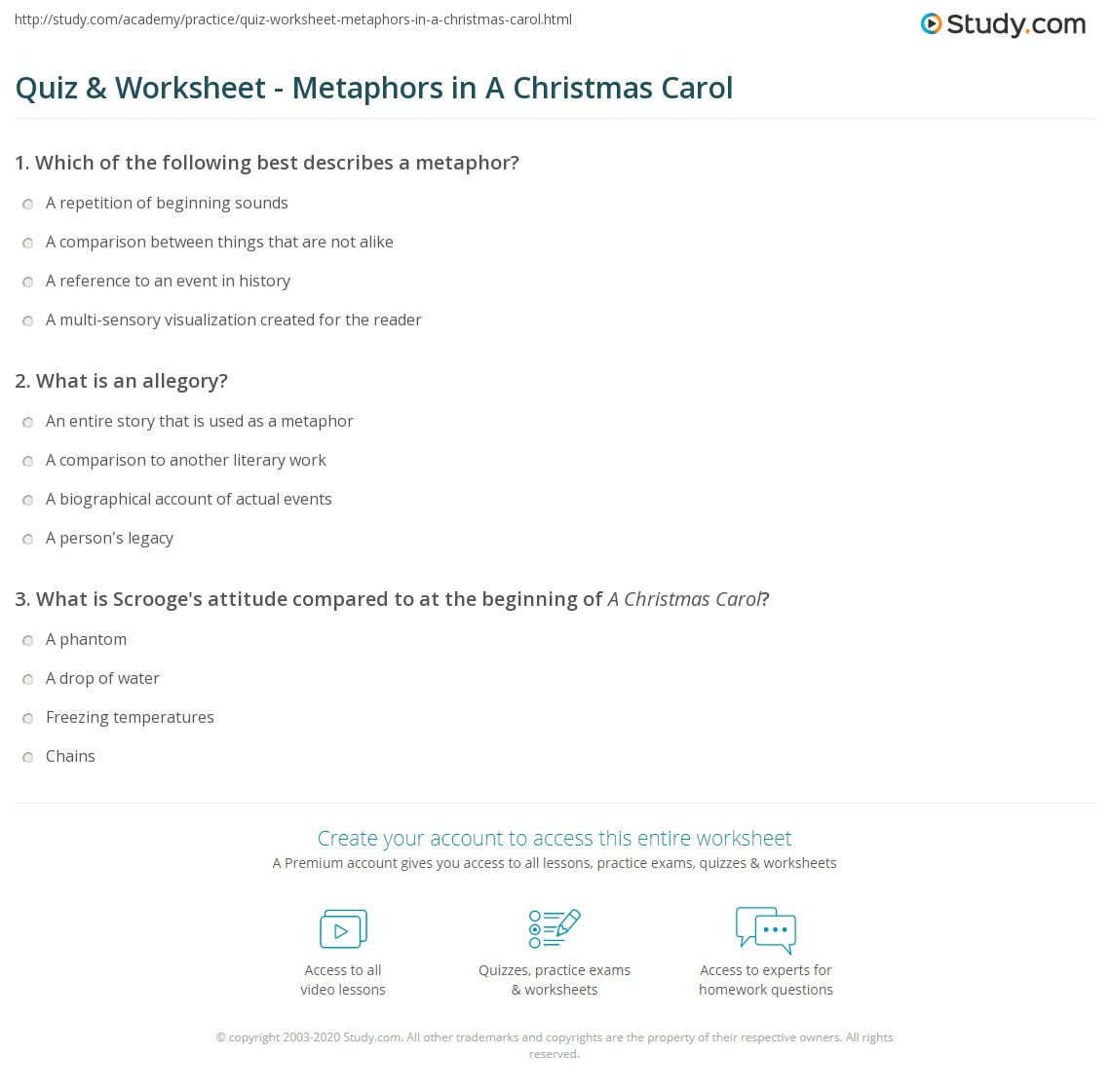 Quiz &amp;amp; Worksheet - Metaphors In A Christmas Carol | Study with A Christmas Carol Figurative Language Worksheets Answers