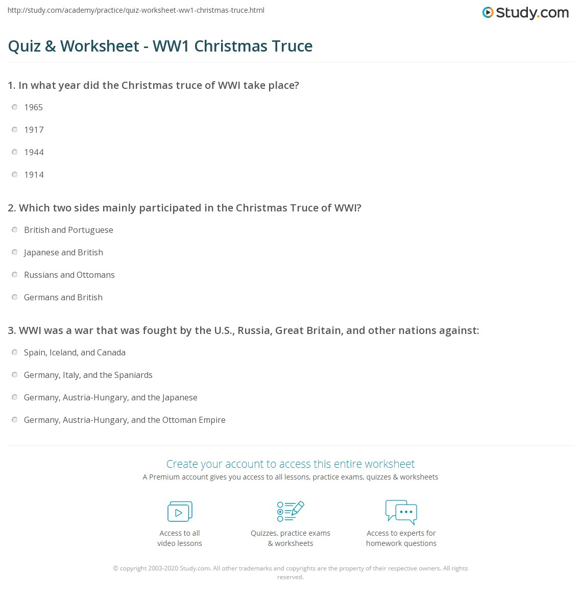 Quiz &amp;amp; Worksheet - Ww1 Christmas Truce | Study inside The World War 1 Christmas Truce Worksheets Answer Key