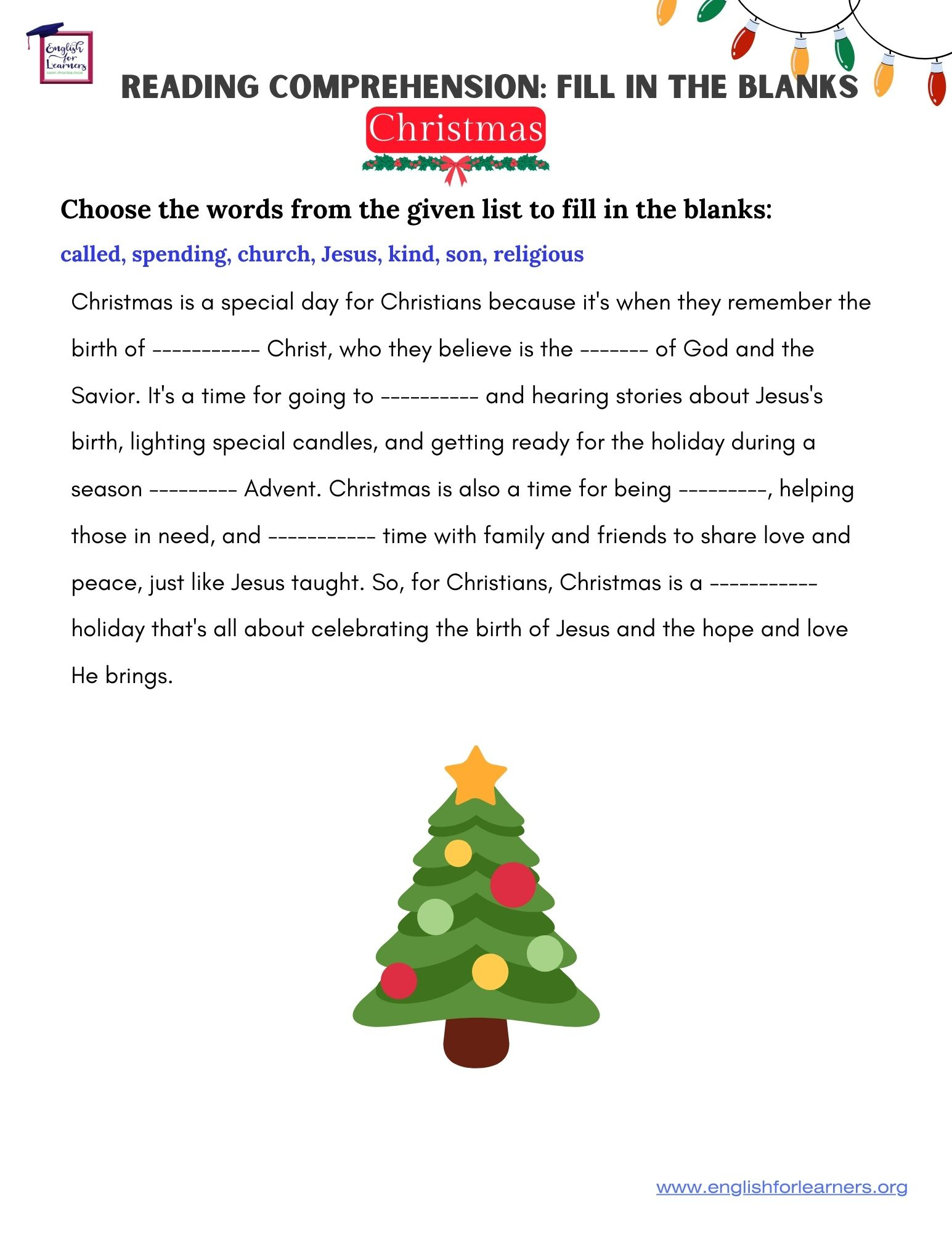 Reading Comprehension Christmas Fill In The Blanks - intended for Christmas Story Reading Comprehension Worksheets