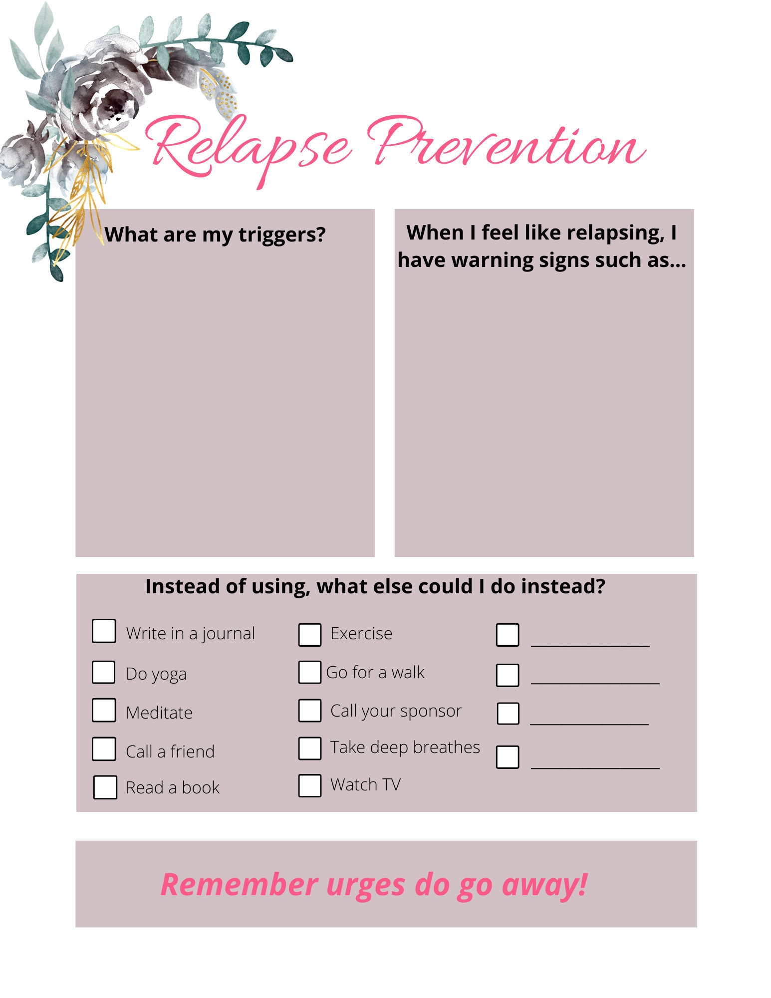 Relapse Prevention Plan Printable - Etsy with regard to Christmas Relapse Prevention Worksheets