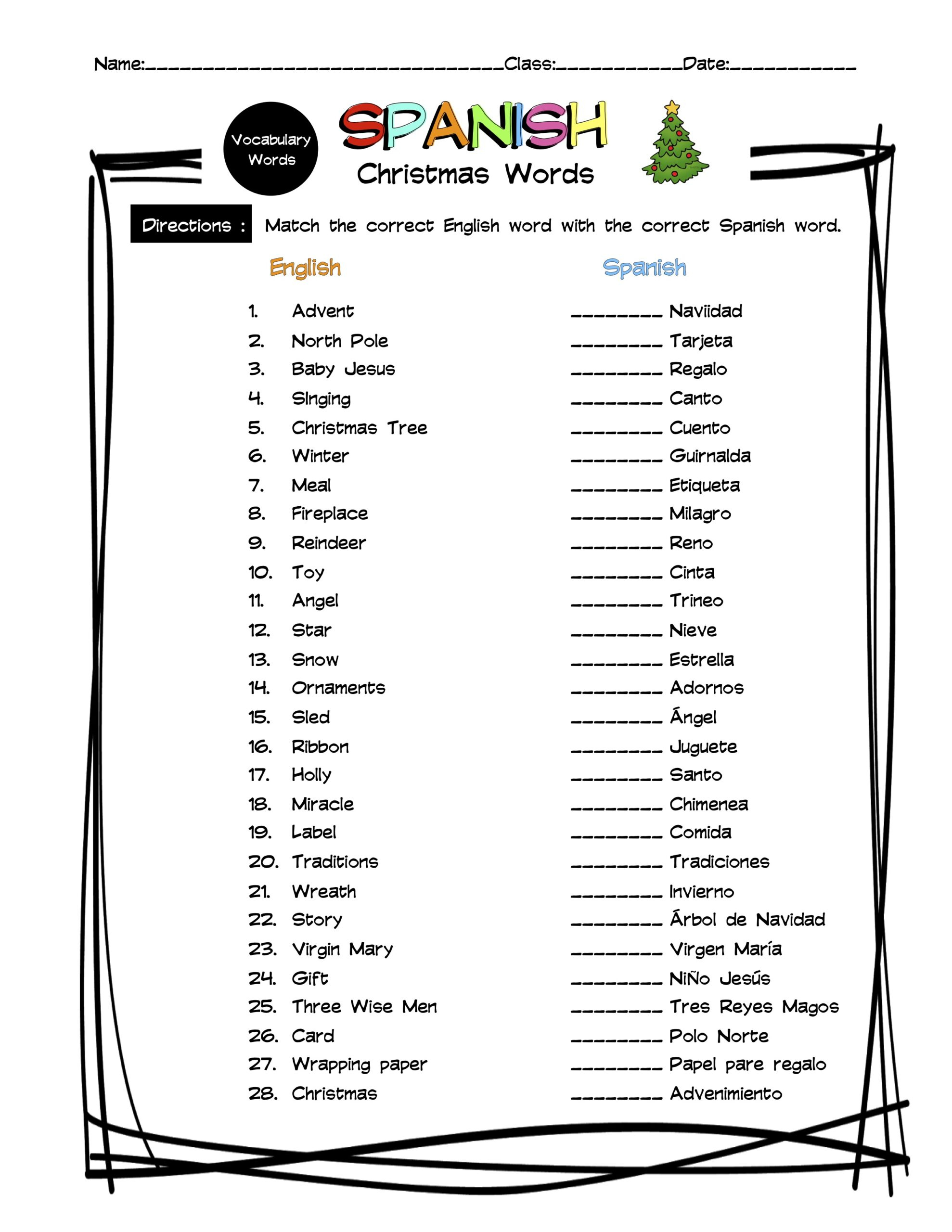 Spanish Christmas Vocabulary Matching Worksheet &amp;amp; Answer Key with Free Spanish Christmas Worksheets