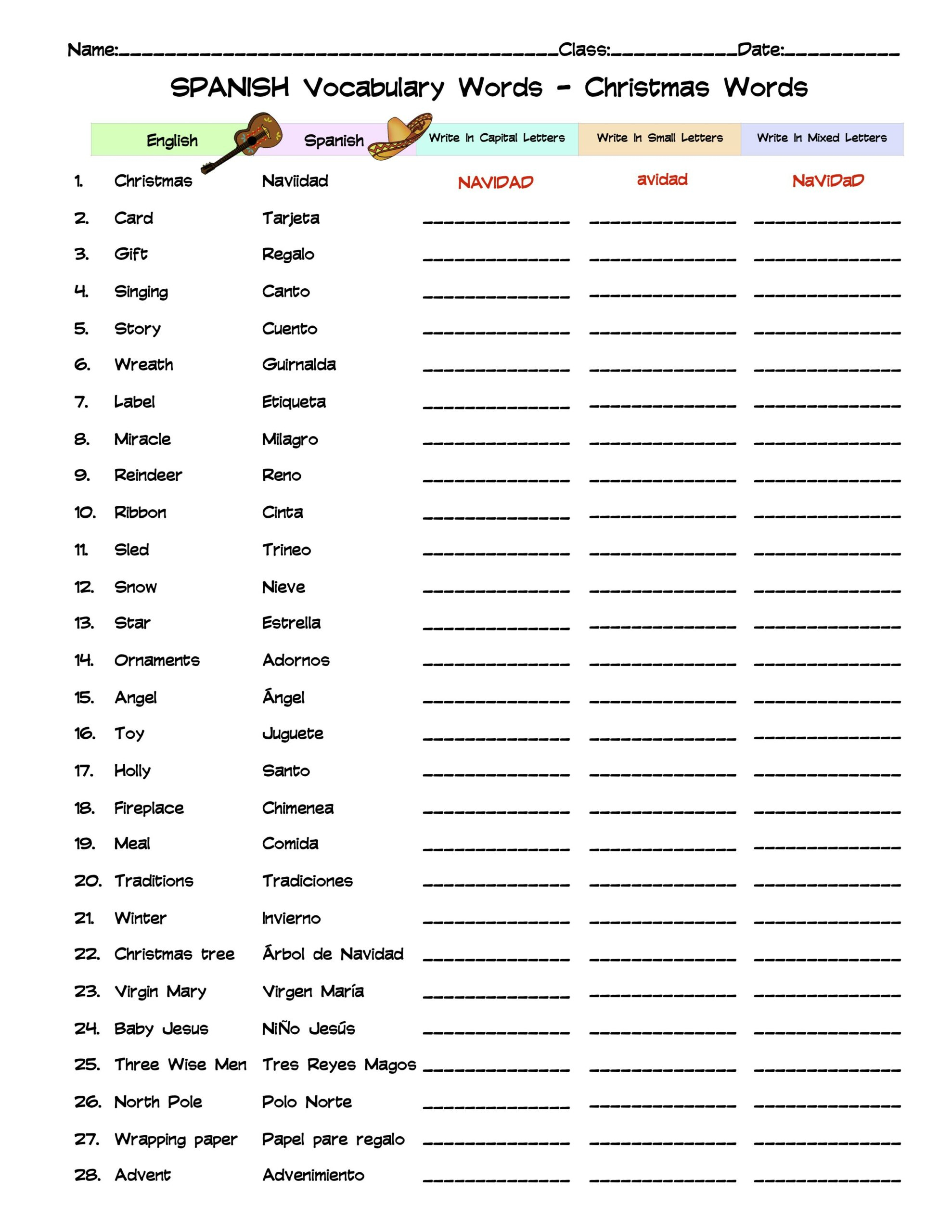 Spanish Christmas Words Vocabulary Word List Column Worksheet for Spanish Christmas Vocabulary Worksheets