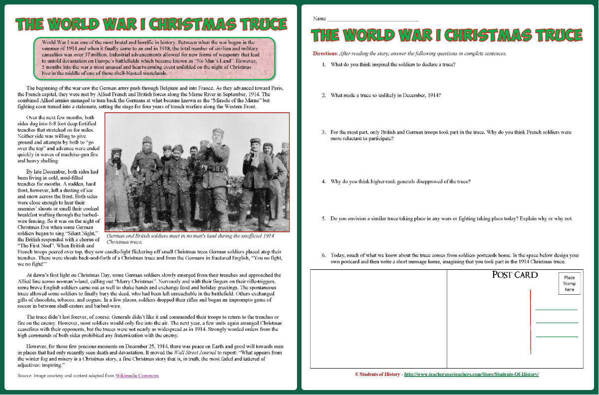Students Of History: World War 1 Reading On Christmas Truce Lesson inside World War 1 Christmas Truce Worksheets
