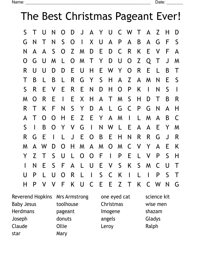 The Best Christmas Pageant Ever Word Search - Wordmint throughout Free Worksheets For the Best Christmas Pageant Ever
